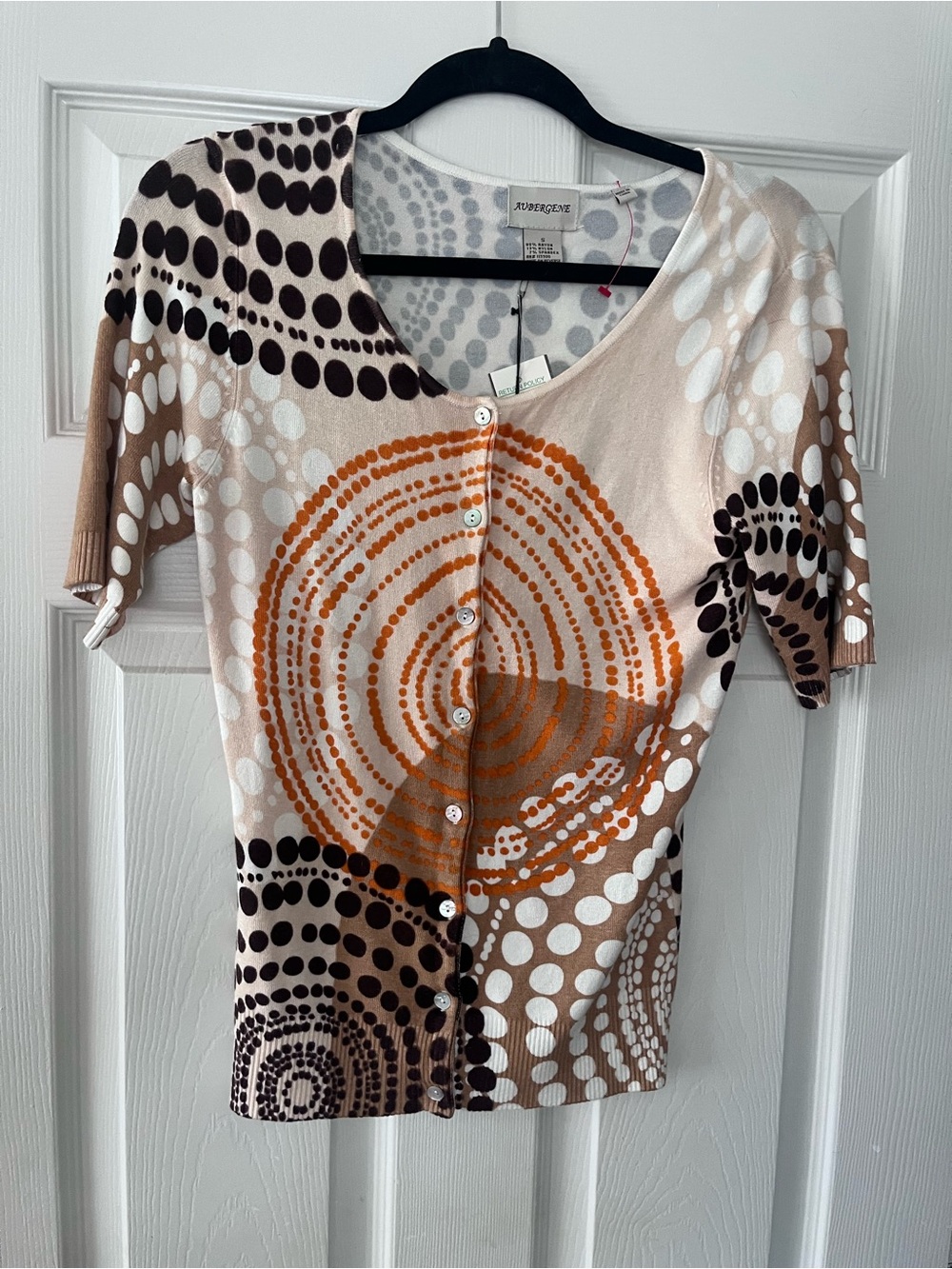 Abstract Dot Short-Sleeve Button Cardigan in Tan & Orange